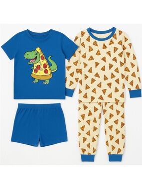 Little Dreamer Pizza Dinosaur 4 Piece Short Set + 2-Piece Long Pajama Set Sz 6